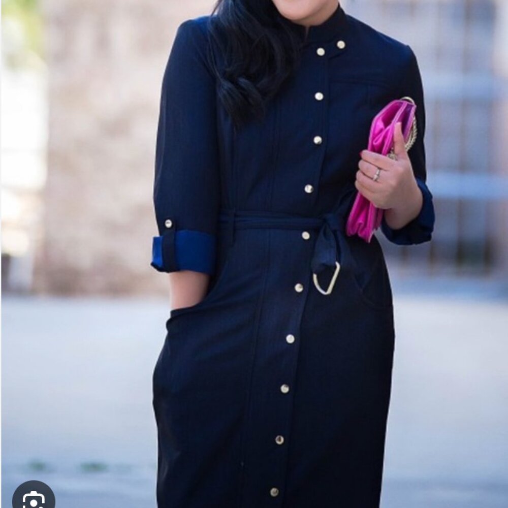 Calvin Klein Navy Long Sleeve Button Front Belted Shirt Dress - Size 6